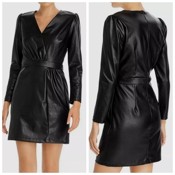 Lucy Paris Women's Black Faux Leather Puff-Sleeve V-Neck Mini Dress Size XS - Picture 2 of 10